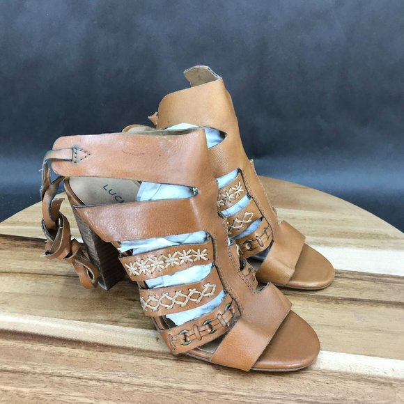 Lucky Brand Brown Leather Boho Block Heel Strappy Sandals Womens Size 6 B - Picture 1 of 8